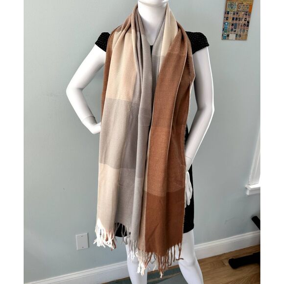 Neutral Plaid Pashmina Scarf Soft 100% Cashmere Feel Wrap Cozy Oversized Shawl - Picture 3 of 6